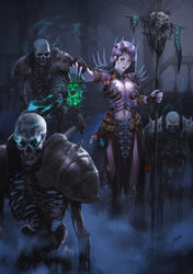  absurdres armor breasts cleavage cleavage_cutout clothing_cutout diablo diablo_(series) diablo_1 fantasy female fingerless_gloves gloves highres honey_brush loincloth looking_at_viewer midriff navel necromancer skeleton skull smoke smoke_trail staff undead 