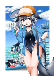  &gt;_&lt; 5girls absurdres adansosutega baseball_cap bikini black_hair blue_eyes blue_sky border breasts cardigan cetacean_tail chibi chinese_white_dolphin_(kemono_friends) choker cleavage common_bottlenose_dolphin_(kemono_friends) common_dolphin_(kemono_friends) competition_swimsuit day dolphin_girl dorsal_fin drawstring fence fins fish_tail furrowed_brow grey_hair groin hair_over_one_eye hand_on_own_hip hand_up hat head_fins highleg highleg_swimsuit highres holding holding_megaphone hood hood_down hooded_cardigan innertube japari_symbol jumping kemono_friends kemono_friends_3 long_bangs long_hair long_sleeves looking_at_another looking_at_viewer medium_breasts medium_hair megaphone multicolored_hair multiple_girls narwhal_(kemono_friends) o_o one-piece_swimsuit open_cardigan open_clothes orange_hair orca_(kemono_friends) outdoors outside_border parted_bangs partially_submerged pink_hair pool puff_of_air short_twintails side_ponytail sigh sky sleeve_rolled_up solo_focus standing swim_ring swimsuit tail taut_clothes taut_swimsuit twintails very_long_hair water white_border wristband 