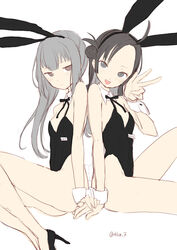  2girls ahoge animal_ears back-to-back bare_legs black_hair black_ribbon breasts brown_eyes commentary_request detached_collar forehead grey_hair hair_bun highres kantai_collection kasumi_(kancolle) long_hair makinami_(kancolle) matching_outfits multiple_girls one-hour_drawing_challenge playboy_bunny rabbit_ears ribbon side_ponytail simple_background small_breasts tetsukuzu_(yajirushi_shita) white_background wrist_cuffs 