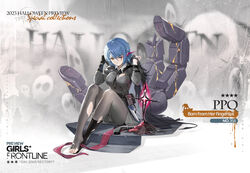  2023 adjusting_clothes between_breasts black_bag black_cape black_footwear black_gloves blue_hair boots breasts broken cape character_name closed_mouth commentary copyright_name english_commentary english_text eye_trail feet female full_body giant_hand girls&#039;_frontline gloves goti_(gotie23) grey_pantyhose grey_shirt grey_skirt hair_between_eyes hair_ornament hairclip halloween halloween_costume hands_up highres knee_boots knife large_breasts legs light_trail magic mechanical_hands nail_polish official_alternate_costume official_art one_eye_closed pantyhose pink_nails pouch ppq_(born_from_her_fingertips)_(girls&#039;_frontline) ppq_(girls&#039;_frontline) promotional_art shirt short_hair simple_background single_glove single_mechanical_hand sitting skirt solo star_(symbol) third-party_source throwing_knife toenail_polish toenails toes torn_clothes torn_footwear torn_pantyhose torn_shirt trick_or_treat walther_ppq weapon weapon_on_floor white_background yellow_eyes 