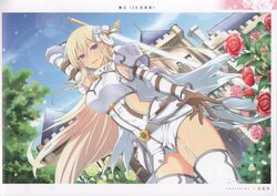  absurdres arm_guards armor blonde_hair blue_sky breastplate breasts day female flower garter_straps gloves hair_ornament highres holding holding_sword holding_weapon kiritsusei_juuji_academy_uniform leo_(senran_kagura) looking_at_viewer official_art outdoors page_number purple_eyes rose scan senran_kagura senran_kagura_new_link shoulder_armor sky smile solo sword weapon yaegashi_nan 