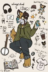  2022 4_toes 5_fingers alcohol anthro banjo_(instrument) barefoot beanie beverage black_bottomwear black_clothing black_pants blue_nose blue_paws blue_tongue book bottomwear brown_body brown_fur canid canine canis claws clock clothing cocktail coffee coffee_cup collar container countershade_face countershade_feet countershade_fur countershade_neck countershade_tail countershading cup domestic_cat domestic_dog electronics english_text eyewear feet felid feline felis finger_claws fingers fluffy fluffy_tail full-length_portrait fur gender_symbol glasses grey_sweatshirt hat headgear headphones headwear hi_res jason_f7y key looking_up male male_symbol mammal multicolored_body multicolored_fur musical_instrument pants paws photo planet plucked_string_instrument plushie portrait print_clothing print_shirt print_t-shirt print_topwear shirt simple_background solo speech_bubble star sticker string_instrument sweatshirt symbol t-shirt tail text toe_claws toes tongue tongue_out topwear watch white_background white_body white_clothing white_fur white_shirt white_t-shirt white_topwear yellow_eyes 