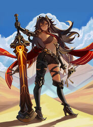  absurdres arm_armor armpits asymmetrical_clothes beacon_of_the_reed_sea_(genshin_impact) belt black_belt black_gloves black_hair blonde_hair blue_eyes boots breasts capelet cleavage cloud criss-cross_halter crossed_bangs crossed_belts dangle_earrings dark-skinned_female dark_skin dehya_(genshin_impact) desert distr earrings elbow_gloves female fingerless_gloves floating_hair genshin_impact gloves gold_choker hair_between_eyes hair_ears hair_intakes halterneck high_heel_boots high_heels highres holding holding_weapon jewelry large_breasts long_hair looking_at_viewer multicolored_hair multiple_thigh_straps nail_polish navel pants parted_lips pointy_hair red_capelet red_nails single_earring single_fingerless_glove single_pantsleg sky smile solo spiked_knuckles standing stomach streaked_hair thigh_boots thighs toned torn_clothes torn_pants two-tone_hair vision_(genshin_impact) weapon 