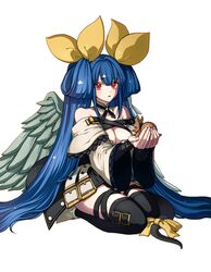  angel_wings animal animal_ears asymmetrical_wings bare_shoulders belt black_thighhighs blue_hair breasts carrying cleavage cleavage_cutout clothing_cutout detached_collar detached_sleeves dizzy_(guilty_gear) ebi_pri_shrimp female guilty_gear guilty_gear_xrd hair_between_eyes hair_ribbon hair_rings holding holding_animal large_breasts long_hair looking_at_viewer monster_girl open_mouth red_eyes ribbon seiza showgirl_skirt sidelocks simple_background sitting skirt squirrel squirrel_ears squirrel_tail tail tail_ornament tail_ribbon thigh_strap thighhighs thighs twintails very_long_hair white_background wide_sleeves wings yellow_ribbon 