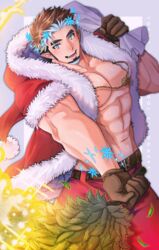  1boy abs absurdres bara blush brown_hair cowboy_shot doku_(hitori_ox) facial_hair forearms gift_bag goatee highres large_pectorals leaning_to_the_side long_sideburns looking_at_viewer male_focus multicolored_hair muscular muscular_male pectoral_cleavage pectorals pointy_ears santa_costume short_hair sideburns smile snowflakes solo sparkle star-shaped_pupils star_(symbol) symbol-shaped_pupils thick_eyebrows tokyo_afterschool_summoners tomte_(housamo) two-tone_beard white_hair 