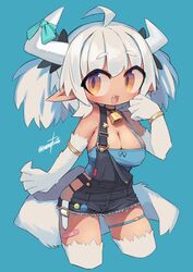  :3 ahoge animal_hands animal_legs bandaid bandaid_on_leg bell black_choker black_overalls blue_background blue_ribbon blue_tank_top blush breasts brown_eyes choker cleavage commentary_request cowbell cropped_legs female highres horn_ornament horn_ribbon horns huge_breasts looking_at_viewer nanatsuta neck_bell oerba_yun_fang open_mouth original overalls pointy_ears ribbon short_hair simple_background solo tank_top twintails white_hair 