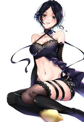  asymmetrical_legwear bare_shoulders blush breasts cleavage collarbone criss-cross_halter crop_top elbow_gloves female foreshortening gloves halterneck hayami_kanade hayanami highres idolmaster idolmaster_cinderella_girls linea_alba looking_at_viewer medium_breasts navel official_alternate_costume parted_bangs short_hair simple_background sitting skindentation smile solo stomach thigh_strap tongue tongue_out white_background 