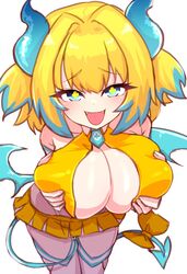  bare_shoulders blonde_hair blue_eyes blue_hair blush bombergirl breasts chawan_(yultutari) cheerleader cleavage commentary_request demon_horns demon_tail demon_wings female grabbing_own_breast highres horns huge_breasts leaning_forward microskirt multicolored_hair necktie open_mouth pine_(bombergirl) short_hair skirt smile solo swimsuit symbol-shaped_pupils tail thighhighs twintails two-tone_hair white_thighhighs wings yellow_pupils yellow_skirt 