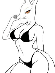  3:4 absurd_res anthro bikini clothing dragon dreamdragon89 female generation_5_pokemon hi_res human human_on_anthro humanoid interspecies mammal monochrome mythological_creature mythological_scalie mythology nintendo pokemon pokemon_(species) pokemorph pose scalie seaside serperior solo swimwear 