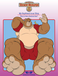  50percentgrey anthro arthropod bear book_cover burly cover feet grub_(insect) grubby hand_behind_head hi_res himbo insects larva male mammal musclegut muscular open_hand smile soles teddy_ruxpin teddy_ruxpin_(series) toes trademark ursine wide_hips 