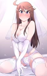  ahoge bare_shoulders bed_sheet blue_eyes blush breasts bridal_veil bride brown_hair cleavage closed_mouth collarbone dot_nose elbow_gloves female garter_straps gloves highres idolmaster idolmaster_million_live! idolmaster_million_live!_theater_days large_breasts long_hair looking_at_viewer on_bed panties shy sitting soeji solo swept_bangs thighhighs tokoro_megumi underwear underwear_only veil wariza white_bustier white_gloves white_panties white_thighhighs 