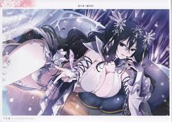  absurdres armpit_crease black_eyes black_hair black_nails blue_gemstone blush breasts bridal_gauntlets cleavage collarbone couch crystal crystal_hair_ornament curtains detached_sleeves female fingernails floral_print fubuki_(senran_kagura) gem hair_between_eyes hair_ornament highres jewelry large_breasts long_hair looking_at_viewer lying nail_polish official_alternate_costume official_art on_couch on_side parted_lips pillow purple_gemstone senran_kagura senran_kagura_new_link shoulder_pads smile snowflake_hair_ornament snowflake_print snowing solo thighs third-party_source transparent transparent_curtains very_long_hair wavy_hair white_bridal_gauntlets yaegashi_nan 