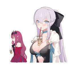  2girls baobhan_sith_(fate) baobhan_sith_(first_ascension)_(fate) bare_shoulders black_bow black_dress blue_eyes bow braid breasts bubble_tea bubble_tea_challenge center_opening choker cleavage collarbone cup detached_collar detached_sleeves disposable_cup dress drinking_straw fate/grand_order fate_(series) grey_eyes grey_hair hairbow half_up_braid highres large_breasts long_hair long_sleeves looking_at_viewer medium_breasts morgan_le_fay_(fate) mother_and_daughter multiple_girls object_on_breast pink_hair pointy_ears ponytail red_dress sidelocks tiara two-tone_dress ura_illust very_long_hair white_dress wide_sleeves 