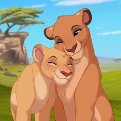  1:1 closed_eyes cloud disney duo felid female female/female feral grass head_on_head hi_res lion looking_at_another mammal one_eye_closed pantherine plant rock sandysav sitting sky smile the_lion_guard the_lion_king tiifu_(the_lion_guard) tree zuri_(the_lion_guard) 