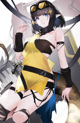  absurdres arknights bare_shoulders black_hair blue_eyes blue_hair breasts brown_flower eunectes_(arknights) female flower goggles goggles_on_head groin hair_flower hair_ornament hand_up highres large_breasts looking_at_viewer multicolored_hair pointy_ears raitho short_hair simple_background snake_tail solo tail two-tone_hair white_background 