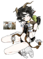  absurdres animal_ears bell black_hair black_panties closed_mouth female goat_ears goat_girl goat_horns goat_tail half-closed_eyes hands_up highres horns looking_at_viewer medium_hair navel neck_bell one_eye_closed original panties personification seeshin_see sitting smile solo underwear wariza white_footwear yellow_eyes 