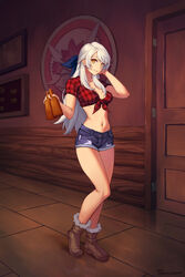  alternate_costume bar_(place) beer_mug breasts casual checkered_clothes checkered_shirt cleavage contemporary crop_top cropped_shirt cup denim denim_shorts english_commentary female fire_emblem fire_emblem:_radiant_dawn hair_ribbon highres legs long_hair looking_at_viewer lowleg lowleg_shorts medium_breasts micaiah_(fire_emblem) midriff mug navel phrecklesart plaid plaid_shirt ribbon shirt short_shorts shorts smile solo tied_shirt twin_peaks_(restaurant) yellow_eyes 