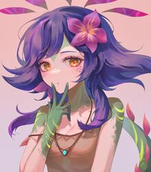  bare_shoulders breasts brown_dress cleavage closed_mouth colored_skin commentary dress female flower freckles gradient_background green_skin hair_flower hair_ornament hand_up highres jewelry league_of_legends lizard_tail long_hair multicolored_hair necklace neeko_(league_of_legends) orange_eyes pink_flower sidelocks solo syami_(choiimi) tail upper_body v v_over_mouth 