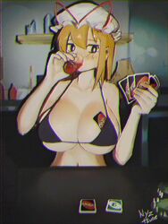  alcohol app_filter bikini black_bikini black_eyes blonde_hair blush breasts card chromatic_aberration cleavage cup drinking female film_grain hair_between_eyes hat highres holding huge_breasts indoors long_hair looking_at_viewer mob_cap nyztsune signature solo strip_game swimsuit table touhou trading_card uno_(game) upper_body yakumo_yukari 