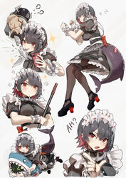  &gt;_&lt; 1boy :o absurdres anger_vein bangboo_(zenless_zone_zero) black_footwear black_hair blade_catching blush breasts broken broken_sword broken_weapon brown_pantyhose cellphone character_request commentary_request dodo_(yatotoyatoto) dress ellen_joe female fins fish_tail frilled_dress frills grey_background grey_dress grin hair_ornament hairclip hands_up helm helmet highres holding holding_phone holding_sword holding_weapon horns hugging_object lying maid maid_headdress medium_breasts mole mole_under_eye multicolored_hair muscular muscular_male nail_polish on_side open_mouth pantyhose parted_lips phone puffy_short_sleeves puffy_sleeves red_eyes red_hair red_nails shark_tail sharp_teeth shoe_soles shoes short_sleeves simple_background sleeping smile sparkle sword tail teeth two-tone_hair v-shaped_eyebrows weapon wrist_cuffs x_hair_ornament zenless_zone_zero zzz 