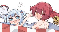  2girls arm_up bloop_(gawr_gura) blue_hair blush breasts commentary covering_breasts covering_privates dokuro-kun_(houshou_marine) english_commentary gawr_gura grey_hair hair_ornament heterochromia highres hololive hololive_english houshou_marine kukie-nyan large_breasts long_hair looking_at_viewer medium_hair multicolored_hair multiple_girls nude open_mouth red_eyes red_hair shark_hair_ornament sidelocks small_breasts smile streaked_hair twintails two_side_up virtual_youtuber yellow_eyes 