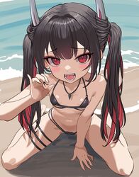  absurdres azur_lane beach bikini black_bikini black_hair breasts colored_inner_hair fellatio_gesture female flat_chest hatsuzuki_(august&#039;s_first_romance)_(azur_lane) hatsuzuki_(azur_lane) highres horns jewelry long_hair looking_at_viewer multi-strapped_bikini_bottom multicolored_hair navel necklace ocean official_alternate_costume open_mouth outdoors pseudo_k red_eyes red_hair sand sitting small_breasts solo swimsuit twintails two-tone_hair wariza 