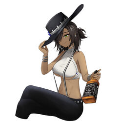  absurdres alcohol black_hat black_pants bottle bracelet breasts brown_hair closed_mouth clothing_cutout collarbone colt_walker_(girls&#039;_frontline) cowboy_hat crop_top cropped_legs crossed_legs dark-skinned_female dark_skin earrings female fingernails girls&#039;_frontline green_eyes hair_over_one_eye hat hat_ornament hat_tip highres holding holding_bottle jack_daniel&#039;s jewelry korean_commentary large_breasts long_hair looking_down midriff nail_polish navel nonoan_jp pants ponytail ring shirt simple_background smile solo stomach suspenders underboob underboob_cutout whiskey white_shirt yellow_nails 