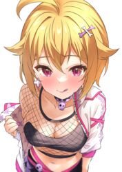  absurdres adhesive_bra ahoge b1ack_illust blonde_hair blush breasts choker cleavage collarbone crop_top cropped_jacket earrings female fishnets foreshortening from_above hair_between_eyes highres ibuki_tsubasa idolmaster idolmaster_million_live! idolmaster_million_live!_theater_days jewelry large_breasts licking_lips looking_at_viewer midriff navel pink_eyes short_hair simple_background single_bare_shoulder smile solo tongue tongue_out white_background 