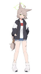  ahoge alternate_costume animal_ears backpack bag bandaid bandaid_on_leg black_jacket blue_archive blue_shorts blush commentary_request denim denim_shorts female fox_ears full_body green_eyes grey_hair hair_between_eyes halo highres holding_strap jacket long_hair miso_(misomiso_154) open_mouth otogi_(blue_archive) parted_bangs shirt shorts simple_background single_hair_tube smile socks solo standing swept_bangs torn_clothes torn_shorts very_long_hair white_background white_footwear white_shirt white_socks yellow_halo 