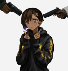  2boys black_hoodie brown_hair crying crying_with_eyes_open dark-skinned_female dark-skinned_male dark_skin double_v female grey_background gun gun_to_head hair_between_eyes hair_ornament hairclip handgun highres holding holding_gun holding_weapon hood hood_down hoodie looking_at_viewer multiple_boys original purple_eyes purple_hair short_hair simple_background solo_focus tears toxic_ghost upper_body v weapon 