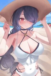  absurdres beach black_hair blue_archive blush braid breasts cleavage collarbone cowboy_shot day female fingernails groin hair_over_one_eye halterneck highres hinata_(blue_archive) hinata_(swimsuit)_(blue_archive) large_breasts long_hair ocean official_alternate_costume one-piece_swimsuit outdoors red_eyes rikuhito_juusan single_braid smile solo swimsuit very_long_hair white_one-piece_swimsuit 