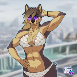  1:1 anthro aviators bikini bikini_bottom bikini_top blonde_hair bracelet brown_body brown_fur brown_hair canid canine canis city city_background cityscape clothing colored_nails ear_piercing ear_ring eyewear female fur grand_theft_auto grand_theft_auto_vi hair hand_on_head hand_on_hip hi_res inner_ear_fluff jewelry kate_turbofurr mammal markings mole_(marking) multicolored_body multicolored_fur multicolored_hair muscular nails navel piercing ring_piercing rockstar_games sky solo sunglasses swimwear tuft turbofurr two_tone_body two_tone_fur two_tone_hair white_bikini white_bikini_bottom white_bikini_top white_clothing white_swimwear wolf 