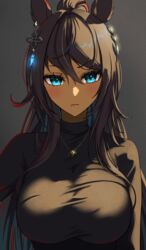  absurdres alternate_costume animal_ears azuki_(azuki_azukki) black_sweater blue_eyes blush breasts commentary_request dark-skinned_female dark_skin earrings female grey_background hair_between_eyes hair_ornament hairclip highres horse_ears horse_girl jewelry large_breasts long_hair long_sleeves looking_at_viewer necklace partial_commentary ponytail simple_background single_earring solo sweater symboli_kris_s_(umamusume) umamusume 