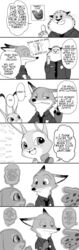  anthro benjamin_clawhauser blush canid canine cheetah clothing dialogue disney ears_up english_text felid feline female fox group hard_translated hi_res judy_hopps lagomorph leopard leporid male mammal meno monochrome nick_wilde pantherine police police_uniform rabbit red_fox text translated trio true_fox uniform zootopia 