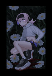  absurdres black_border black_footwear black_headband black_shorts blood blood_on_shoes border cropped_hoodie female flower headband highres hood hood_down hoodie long_sleeves looking_at_viewer original pink_hair purple_eyes ribs shoes short_shorts short_twintails shorts sneakers socks solo squatting toxic_ghost twintails white_flower white_hoodie white_socks 