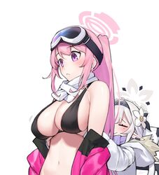  2girls bare_shoulders bikini black_bikini blue_archive blush breasts dasdokter eimi_(blue_archive) eimi_(swimsuit)_(blue_archive) flower goggles goggles_on_head grabbing grabbing_another&#039;s_breast grabbing_from_behind hair_flower hair_ornament hairband halo highres himari_(blue_archive) huge_breasts jacket large_breasts long_hair mole mole_under_eye multiple_girls navel official_alternate_costume open_clothes open_jacket pink_eyes pink_hair pink_halo pink_jacket pointy_ears ponytail simple_background ski_goggles swimsuit white_background white_hair 