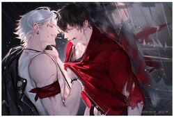  2boys aohitsugi_samatoki armband black_background black_hair black_jacket black_shirt blood blood_drip blood_on_face border closed_eyes dated ear_piercing eyelashes face-to-face from_side grin hand_on_another&#039;s_neck highres hypnosis_mic injury jacket jacket_on_shoulders jewelry kabedon kami_off_record leather leather_jacket long_sleeves looking_at_another male_focus mirror mole mole_under_eye multiple_boys necklace open_clothes open_jacket open_mouth pectoral_cleavage pectorals piercing red_armband red_eyes red_jacket sharp_teeth shirt shirt_grab short_hair sleeveless sleeveless_shirt sleeves_past_elbows smile sweat teeth timestamp torn_clothes torn_jacket torn_sleeves upper_body white_border white_hair white_shirt yamada_ichiro yaoi zipper 