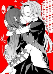  2girls arms_around_neck blood closed_eyes dress french_kiss hair_between_eyes hat heart highres himemushi_momoyo iizunamaru_megumu jewelry kissing leg_lock long_hair long_sleeves meimei_(meimei89008309) monochrome multiple_girls pointy_ears ribbon ring short_hair short_sleeves spoken_heart tokin_hat touhou translation_request yuri 