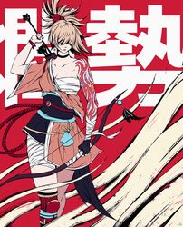  absurdres akramness arm_tattoo arrow_(projectile) bandaged_arm bandaged_leg bandages blonde_hair bow_(weapon) breasts chest_sarashi cleavage closed_mouth collarbone commentary earrings feet_out_of_frame female genshin_impact hair_over_eyes half_updo highres holding holding_arrow holding_bow_(weapon) holding_weapon jewelry medium_hair pink_lips ponytail red_background sarashi sash solo tattoo weapon yoimiya_(genshin_impact) 