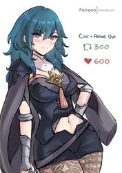  artist_name black_shirt black_shorts blue_eyes blue_hair blush breasts byleth_(female)_(fire_emblem) byleth_(fire_emblem) chascoby clothing_cutout commentary cowboy_shot english_commentary female fire_emblem fire_emblem:_three_houses hair_between_eyes highres long_hair medium_breasts meme navel navel_cutout pantyhose patreon_username shirt short_shorts shorts simple_background solo standing twitter_strip_game_(meme) white_background 