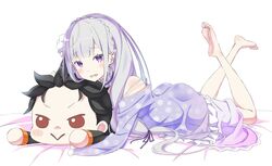  :&gt; ass barefoot blush braid commentary_request crown_braid elf emilia_(re:zero) feet feet_up female flower grey_hair hair_flower hair_ornament hair_ribbon highres koushin_ryo long_hair looking_at_viewer lying natsuki_subaru nightgown off_shoulder on_stomach open_mouth pajamas pointy_ears purple_eyes purple_pajamas purple_ribbon re:zero_kara_hajimeru_isekai_seikatsu ribbon rose simple_background solo stuffed_toy the_pose white_background white_flower white_rose 