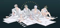  3boys absurdres barefoot black_background blanket chinese_commentary commentary_request demon_horns full_body graveyard233 grey_hair highres honkai_(series) honkai_impact_3rd horns kalpas_(honkai_impact) kevin_kaslana kosma long_hair multiple_boys on_floor orange_eyes pants robe shirt short_hair simple_background sleeveless sleeveless_shirt smile su_(honkai_impact) very_long_hair white_hair white_pants white_robe white_shirt 