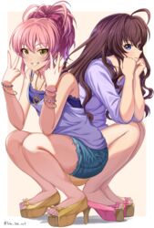  2girls absurdres ahoge blue_eyes blue_shorts brown_hair cutoffs denim denim_shorts double_v high_ponytail highres ichinose_shiki idolmaster idolmaster_cinderella_girls jewelry jougasaki_mika long_hair looking_at_viewer multiple_girls nail_polish necklace pink_hair platform_footwear platform_heels sandals shorts smile squatting takatsuki_p toeless_footwear toenail_polish toenails toes twitter_username v yellow_eyes 