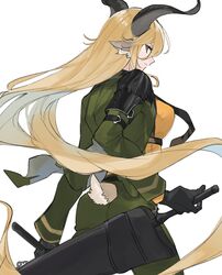  absurdres animal_ears arknights blonde_hair breasts brown_eyes commentary degenbrecher_(arknights) female goat_ears goat_girl goat_horns goat_tail green_jacket highres horns jacket large_breasts long_hair looking_at_viewer looking_back orange_shirt shirt sidelocks simple_background solo sword very_long_hair weapon white_background yakota_(usuk-yako) 