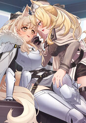  2girls :p animal_ear_fluff animal_ears arknights armor armored_boots aunt_and_niece belt black_belt black_bow black_gloves black_headwear black_shorts black_thighhighs blemishine_(arknights) blonde_hair blue_eyes blush boots bow breastplate breasts capelet closed_mouth commentary eye_contact eyelashes face-to-face feet_out_of_frame fur_trim garrison_cap gauntlets gloves grey_capelet grey_shirt hairbow hand_on_another&#039;s_face hat highres holding_another&#039;s_wrist horse_ears horse_girl horse_tail incest long_hair long_sleeves looking_at_another medium_breasts multiple_belts multiple_girls oerba_yun_fang open_mouth ponytail seto_tinami shirt short_shorts shorts shoulder_armor signature sitting smile standing sweatdrop tail thighhighs tongue tongue_out whislash_(arknights) yellow_eyes yuri zettai_ryouiki 