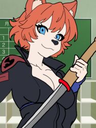  3:4 absurd_res anthro big_breasts blue_eyes breasts canid canine canis cleavage clothed clothing domestic_dog dreamdragon89 female hair hi_res human humanoid hybrid mammal melee_weapon orange_hair sword weapon 