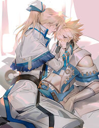  2boys aqua_eyes black_gloves blonde_hair blue_eyes blush chinese_commentary commentary_request elbow_gloves father_and_son fingerless_gloves gloves guilty_gear guilty_gear_xrd hair_between_eyes highres implied_incest kai_(aryp3737) ky_kiske long_hair long_sleeves male_focus multiple_boys partial_commentary ponytail short_hair sin_kiske smile tail tail_ornament white_gloves yaoi 