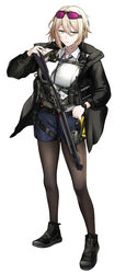  absurdres alternate_costume ammunition_belt ammunition_pouch beretta_1301 black_footwear black_jacket black_pantyhose blonde_hair blue_shorts breasts closed_mouth cuffs eyewear_on_head female full_body girls&#039;_frontline gun highres holding holding_gun holding_weapon holster jacket la13 lips long_sleeves looking_at_viewer medium_breasts open_clothes open_jacket original pantyhose police police_uniform policewoman pouch serious shirt shoes short_hair shorts shotgun solo standing thigh_holster uniform walkie-talkie weapon white_background white_shirt yellow_eyes 