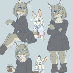  1:1 anthro canadian_lynx clothing coffee_cup container cup dress duo ekaki510 felid feline female hare heart_symbol kemono lagomorph leporid lynx mammal snowshoe_hare winter_coat 