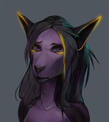  2020 akrolayn anthro black_nose brown_hair bust_portrait digital_media_(artwork) digital_painting_(artwork) felid feline female fur glowing glowing_ears grey_background hair light lighting mammal markings portrait purple_body purple_fur realistic_lighting realistic_shading simple_background solo yellow_markings 